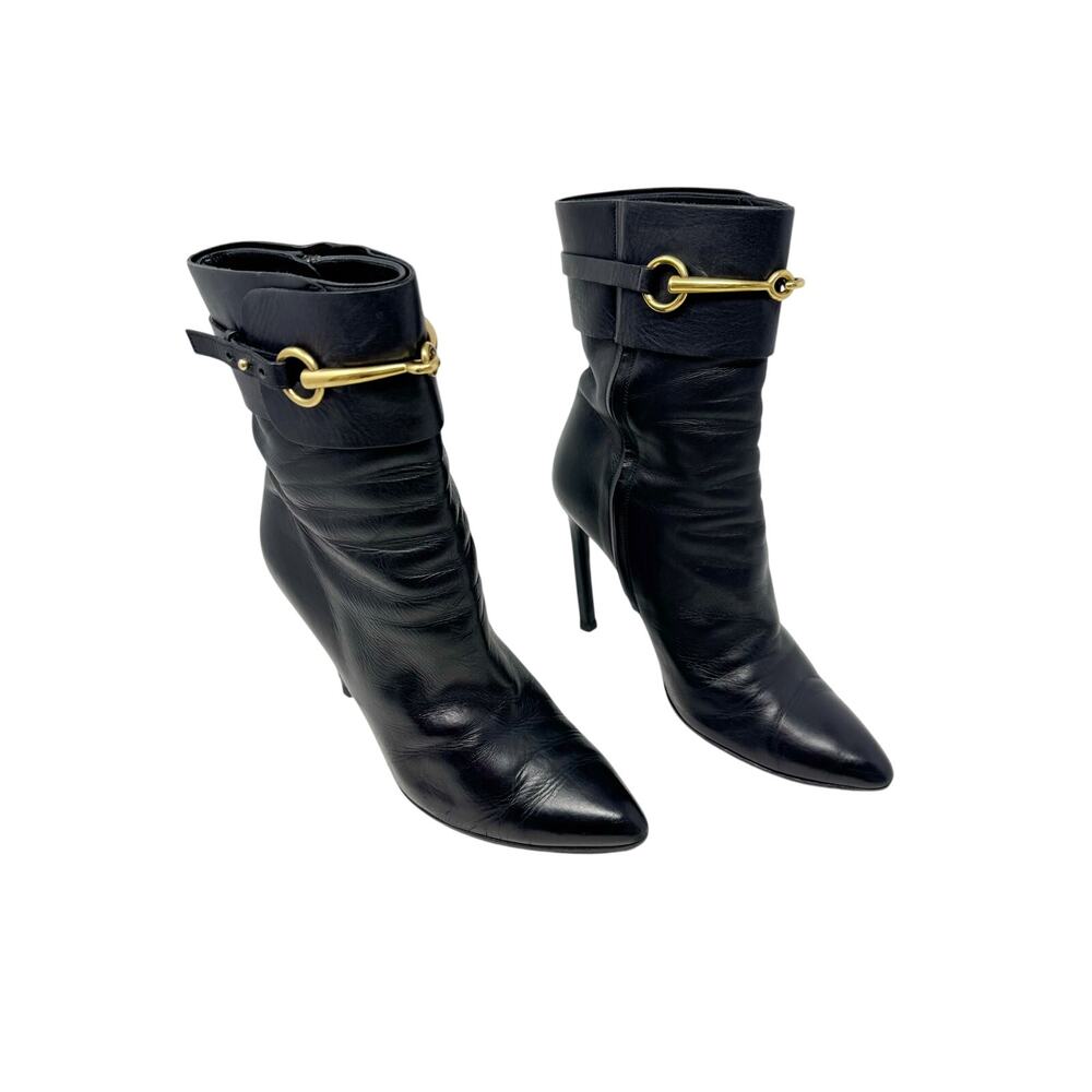 Gucci Ursula Black Leather Ankle Boots Gold Horsebit Heels EU 37.5